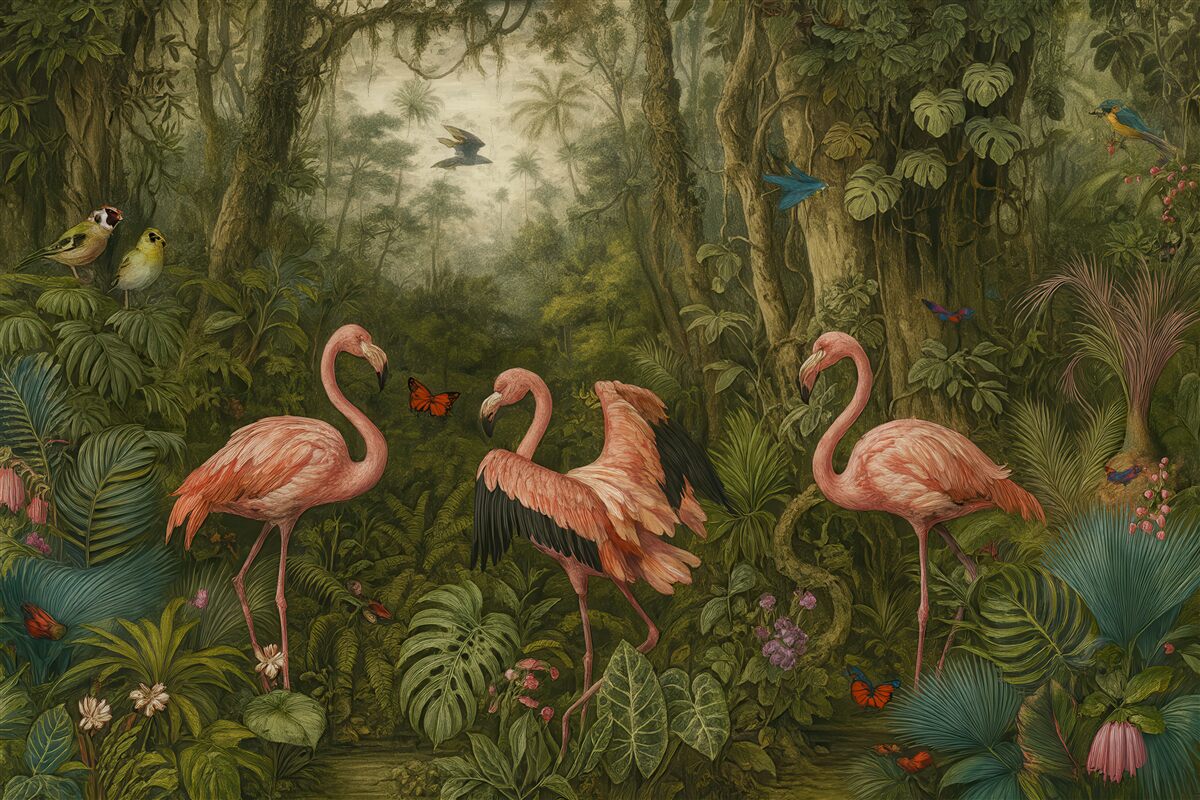 Fototapeta flamingi w tajemniczej tropikalnej dżungli