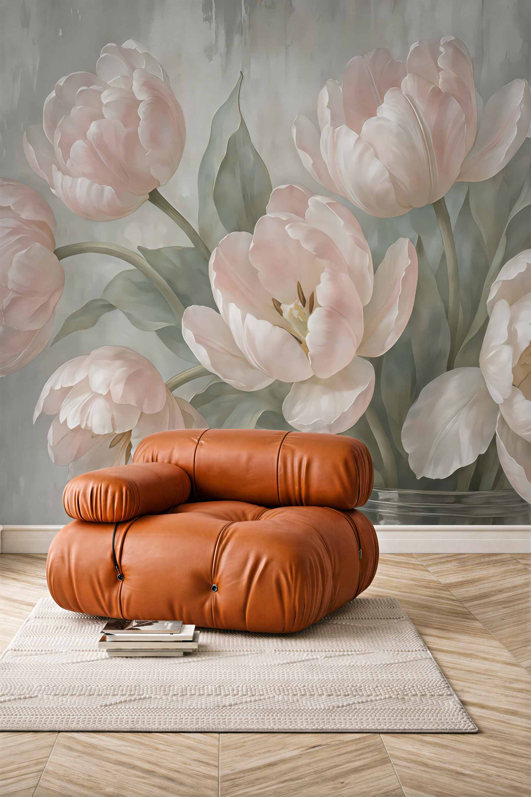 Fototapeta pudrowe tulipany w romantycznym bukiecie
