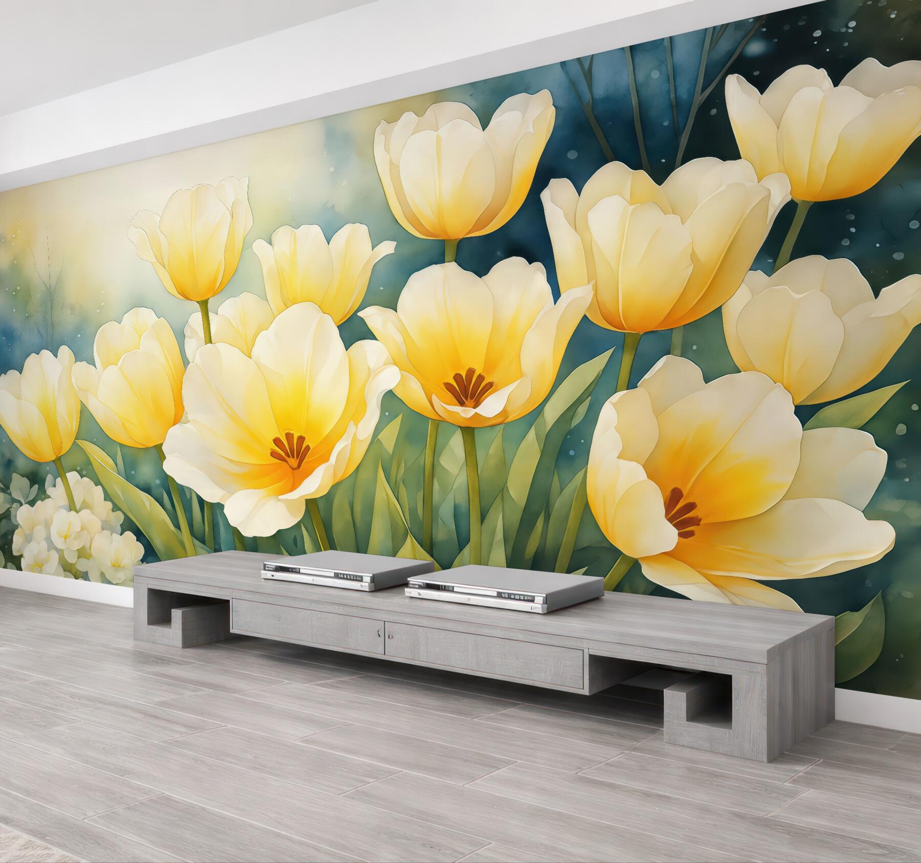 Fototapeta słoneczne tulipany w akwarelowym ogrodzie