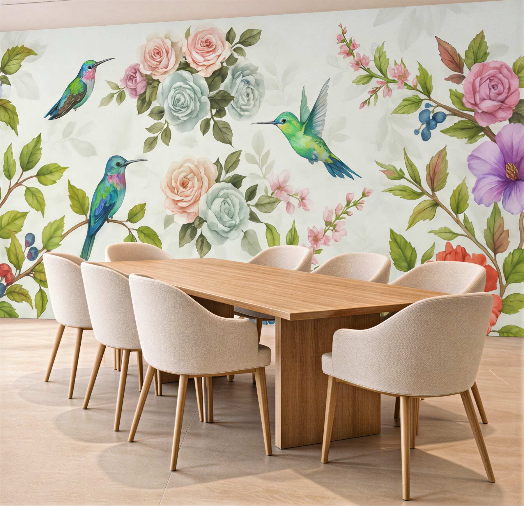 Fototapeta kolibry wśród pastelowych kwiatów
