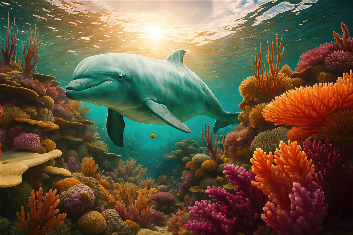 Fototapeta delfin wśród barwnych raf