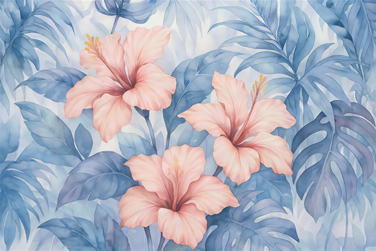 Fototapeta tropikalne hibiskusy w błękitnych liściach