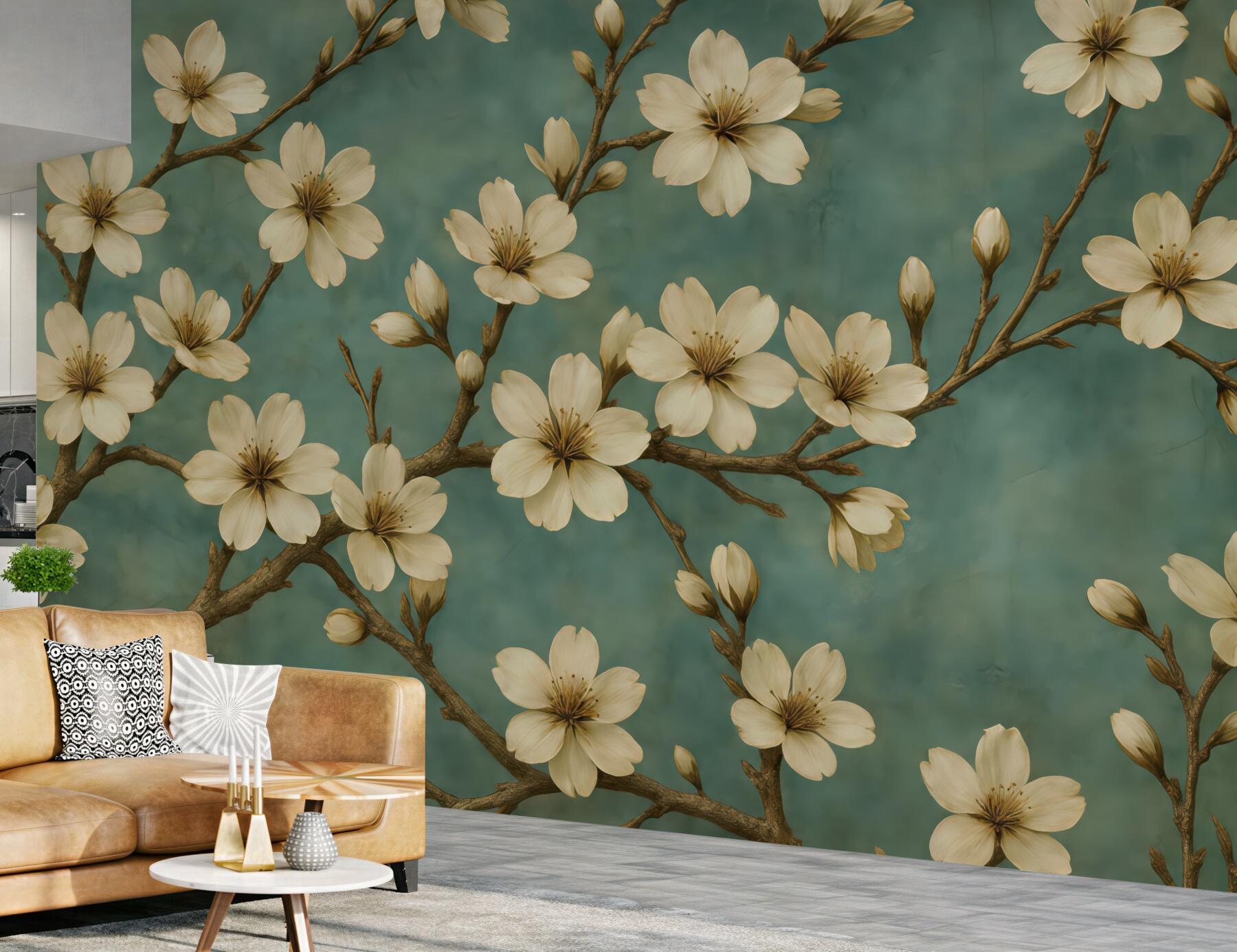 Fototapeta kremowe magnolie na turkusowym tle