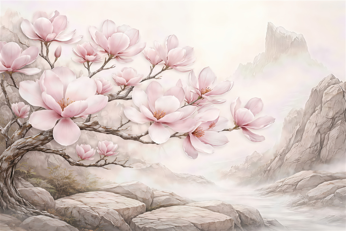 Fototapeta różowe magnolie w mglistych górach