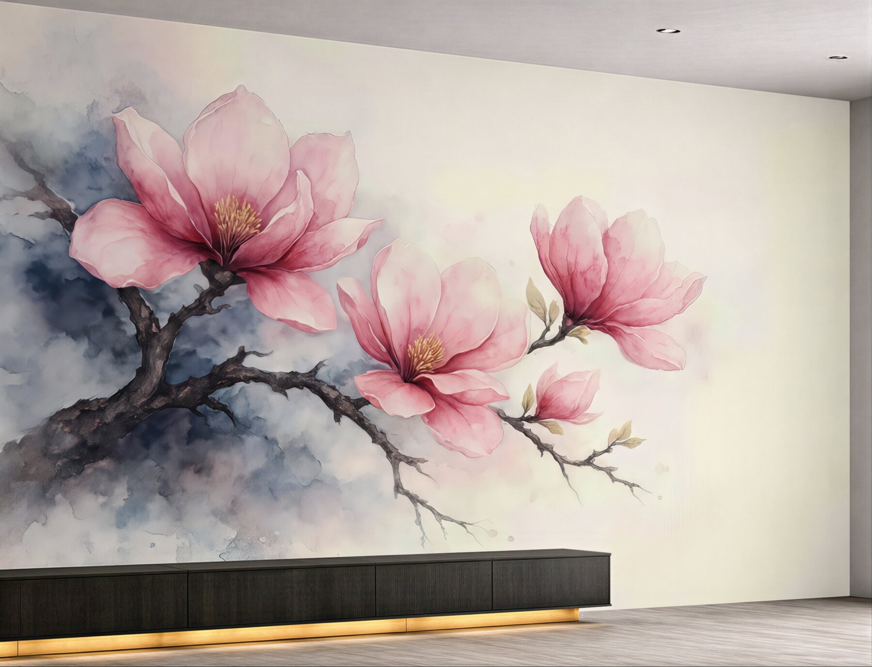 Fototapeta różowe magnolie w akwarelowej mgłce