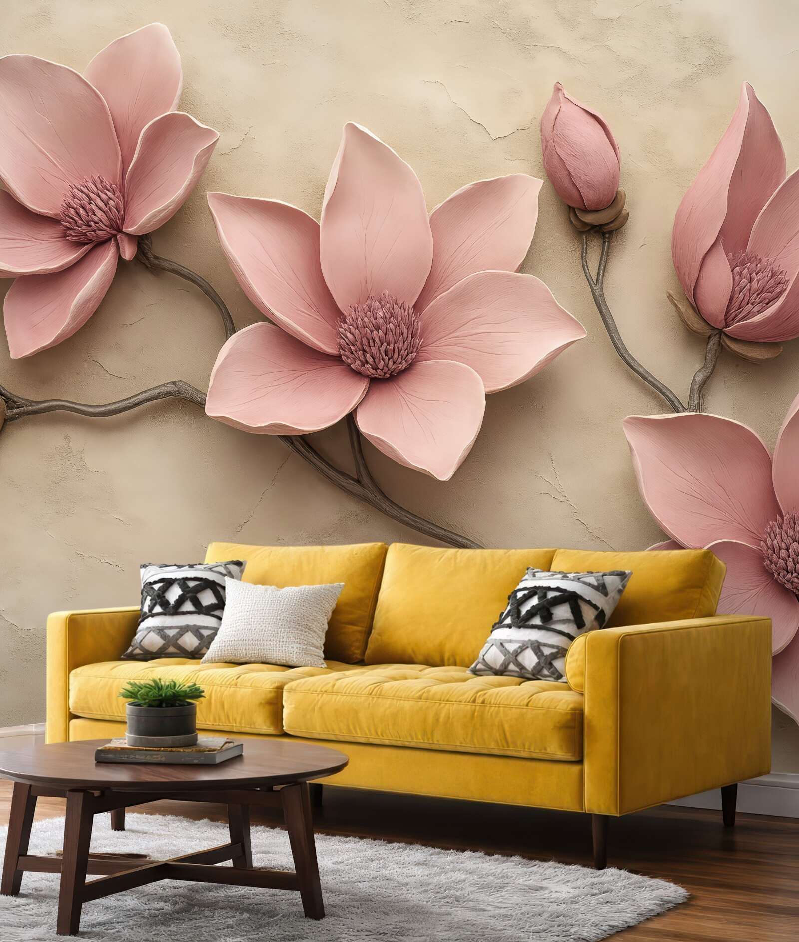 Fototapeta pudrowe magnolie na beżowym tle