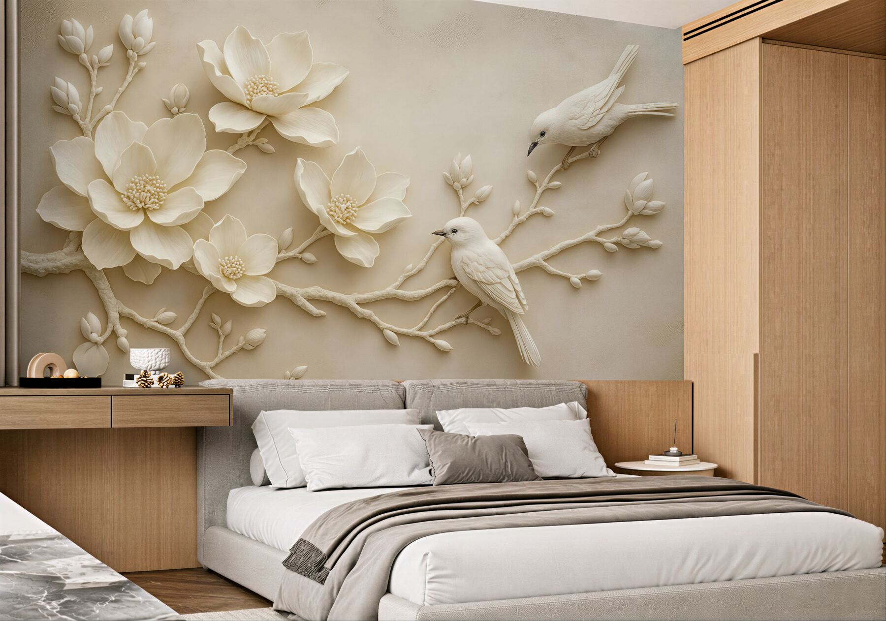Fototapeta kremowe magnolie z ptakami relief 3d