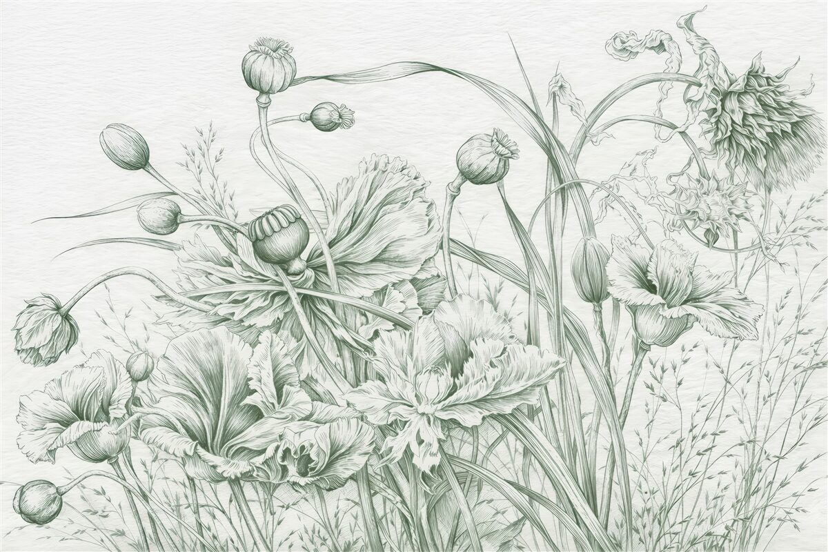Fototapeta botaniczny szkic maków i traw