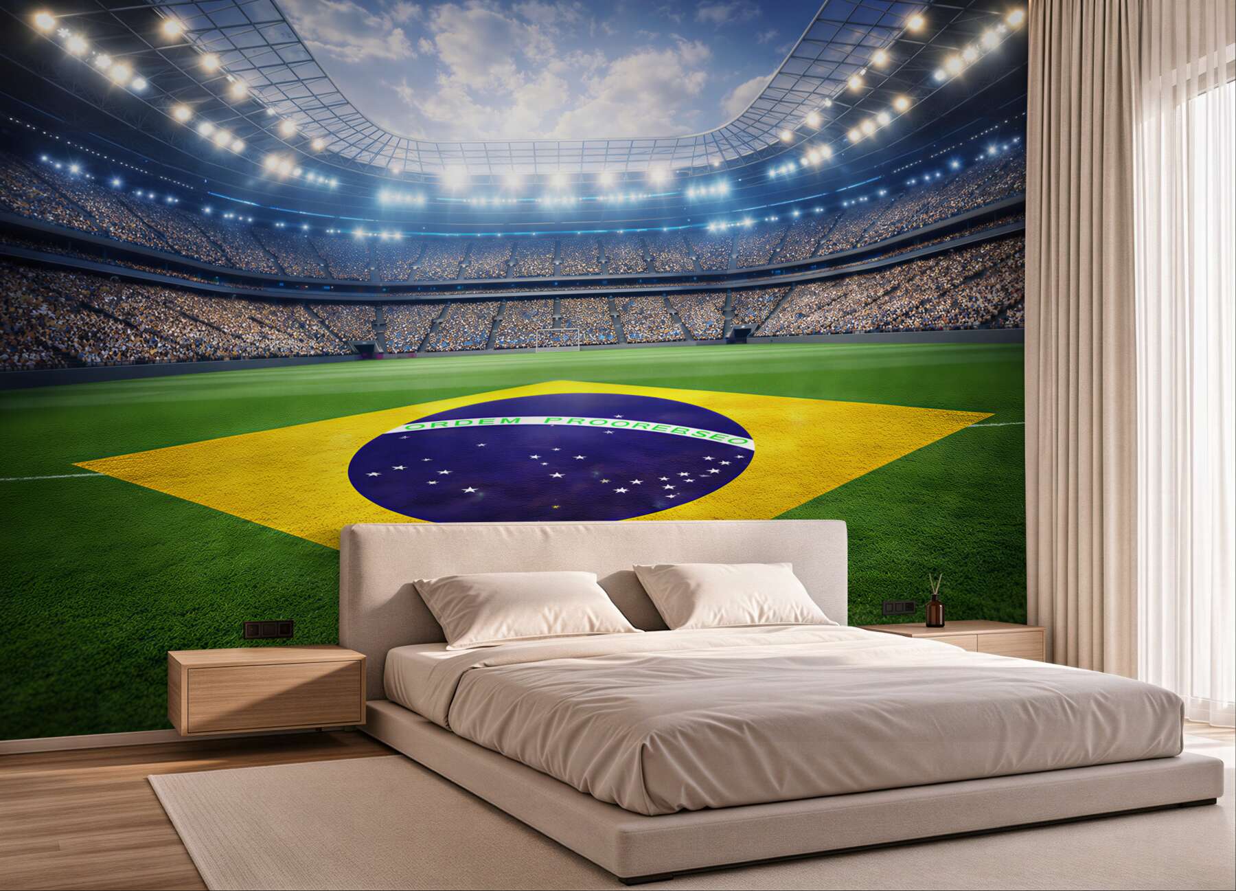 Fototapeta stadion piłkarski z flagą Brazylii dynamiczna sportowa panorama