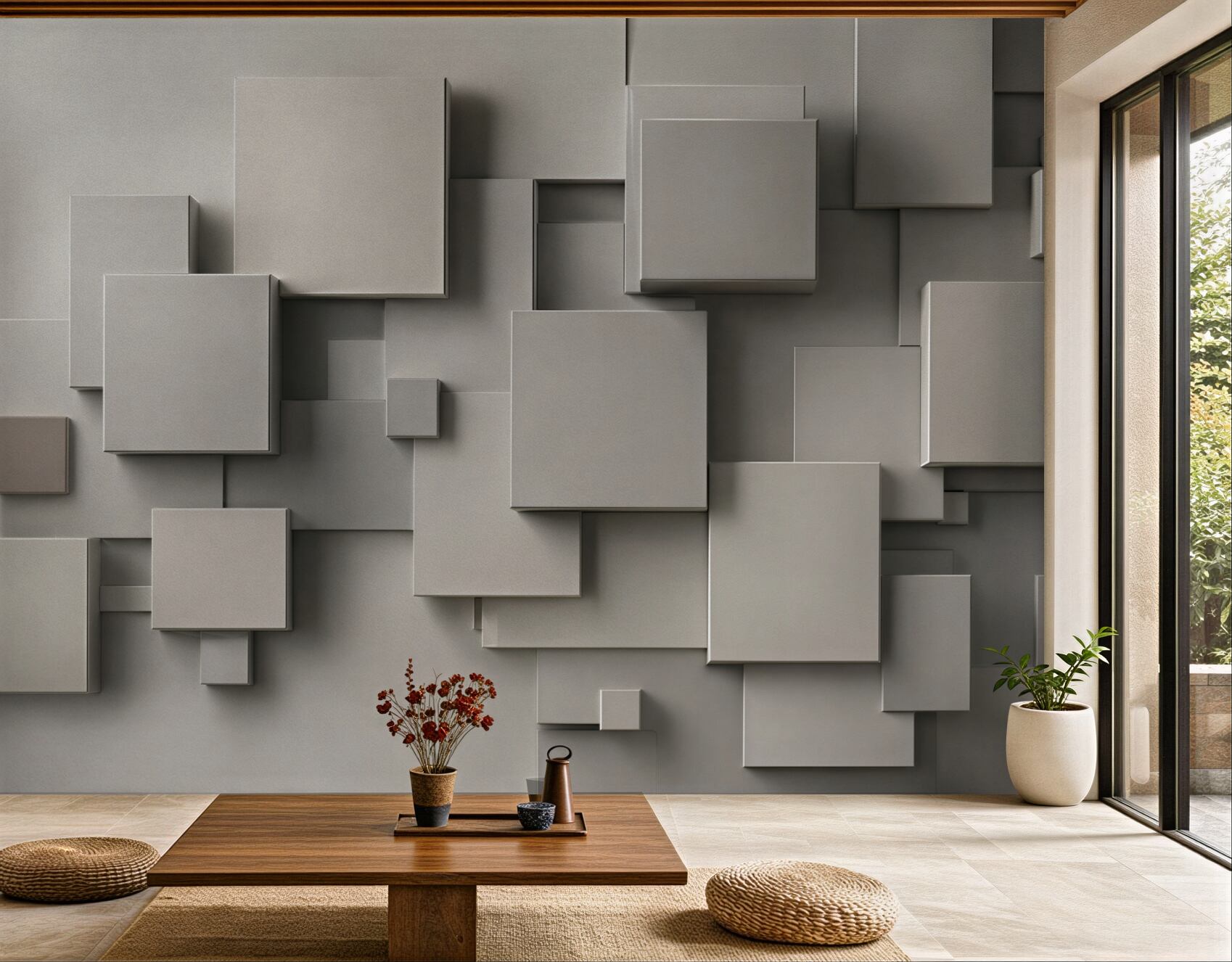Fototapeta geometryczne kwadraty 3D beżowo szare nowoczesne