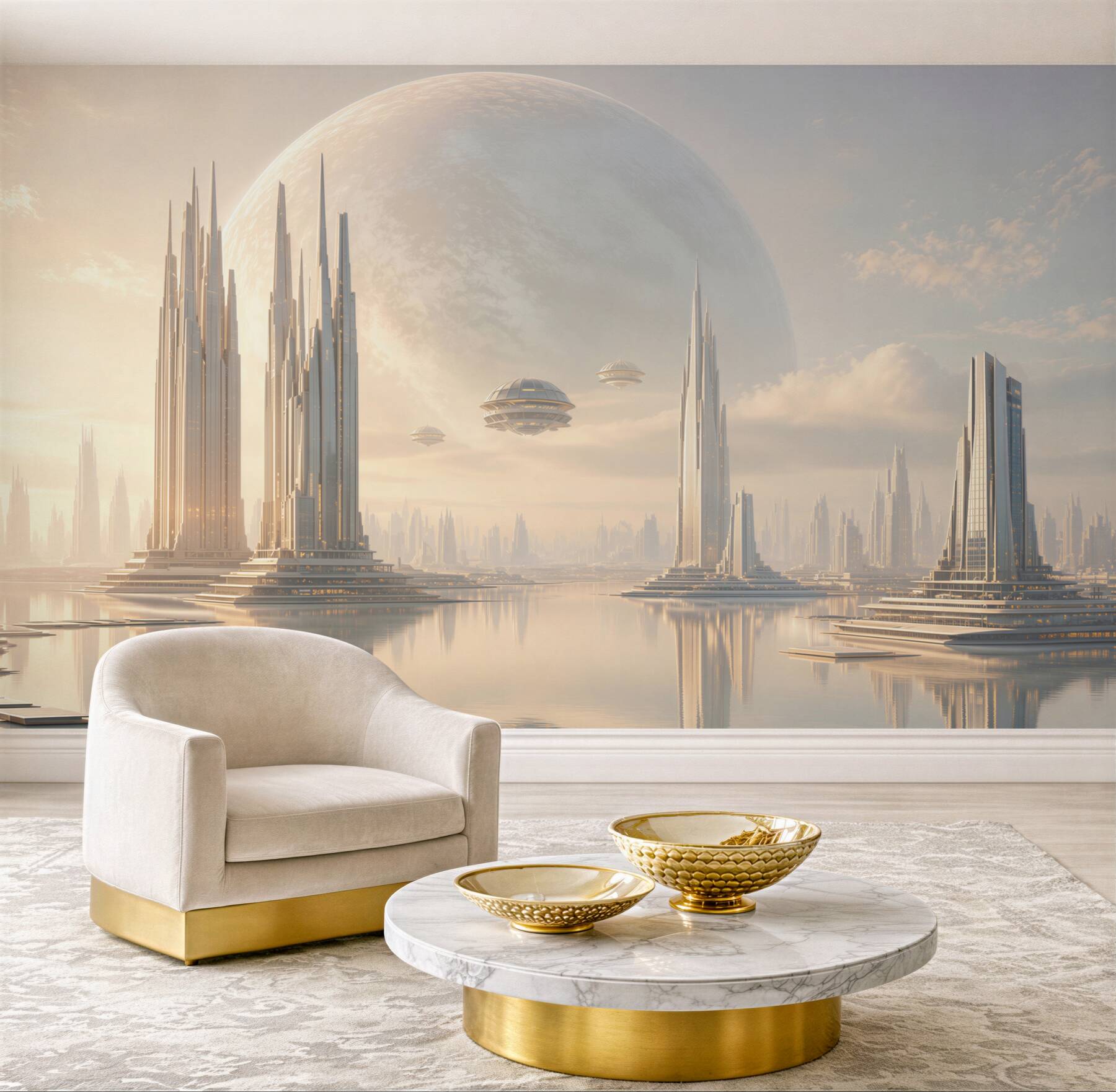 Fototapeta futurystyczne miasto z planetą i wieżami nad wodą
