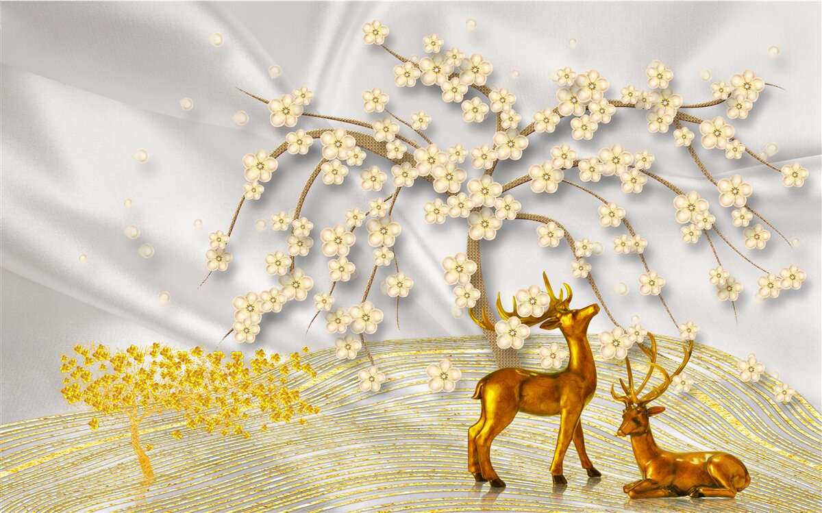 Fototapeta jeleń wykonany ze złota spaceruje pod gałęziami sakury