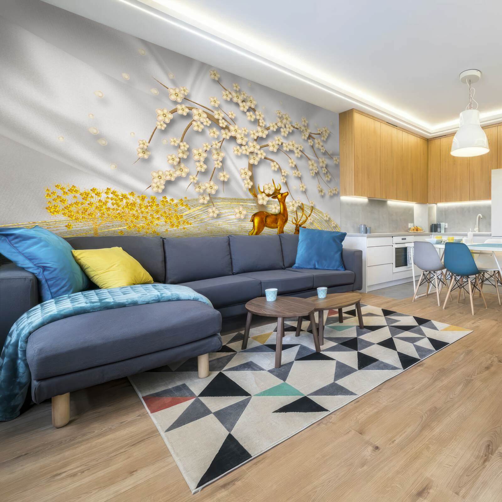 Fototapeta jeleń wykonany ze złota spaceruje pod gałęziami sakury