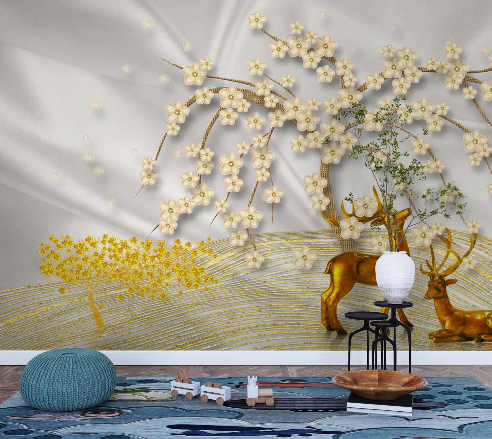 Fototapeta jeleń wykonany ze złota spaceruje pod gałęziami sakury