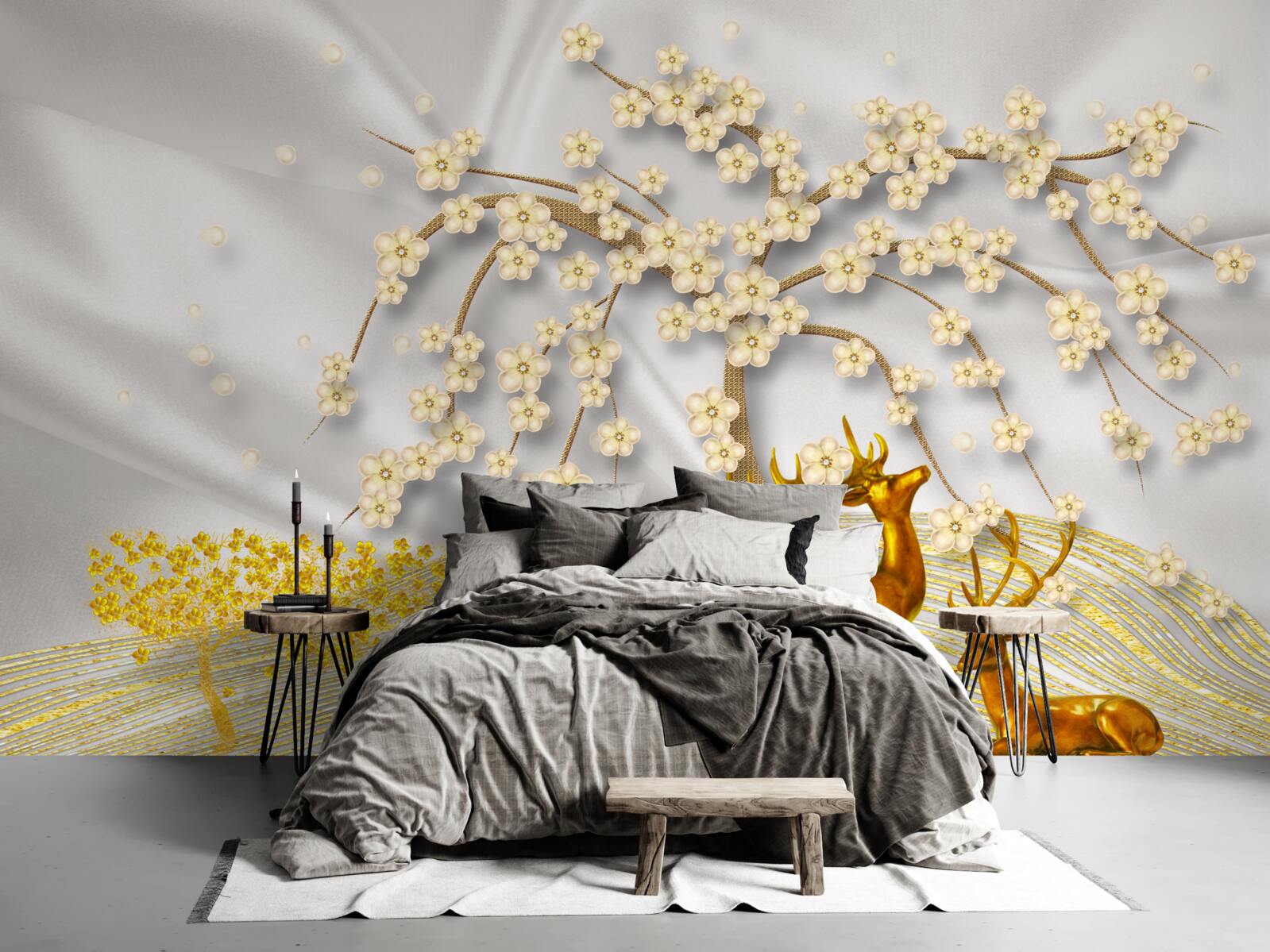 Fototapeta jeleń wykonany ze złota spaceruje pod gałęziami sakury