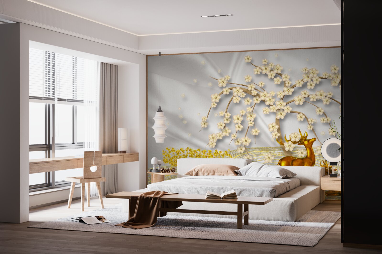 Fototapeta jeleń wykonany ze złota spaceruje pod gałęziami sakury