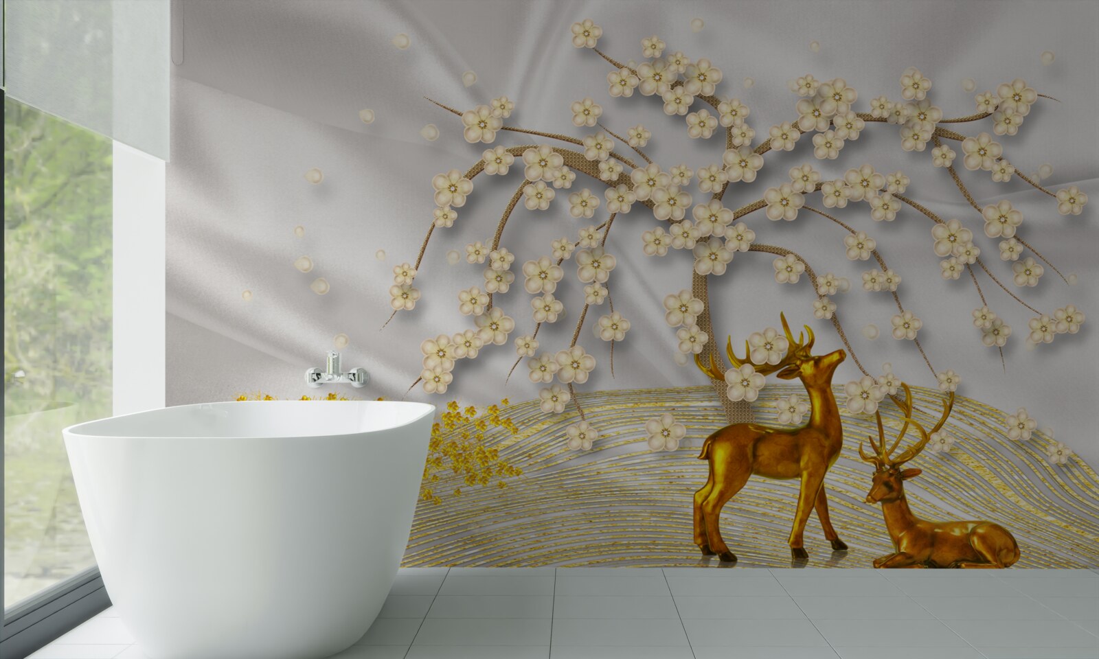 Fototapeta jeleń wykonany ze złota spaceruje pod gałęziami sakury