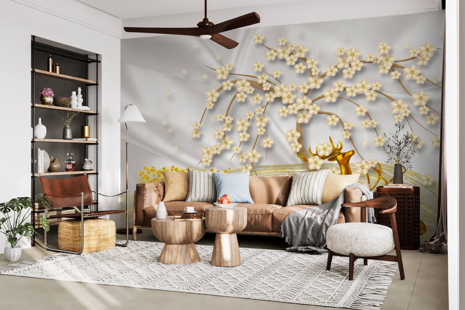 Fototapeta jeleń wykonany ze złota spaceruje pod gałęziami sakury