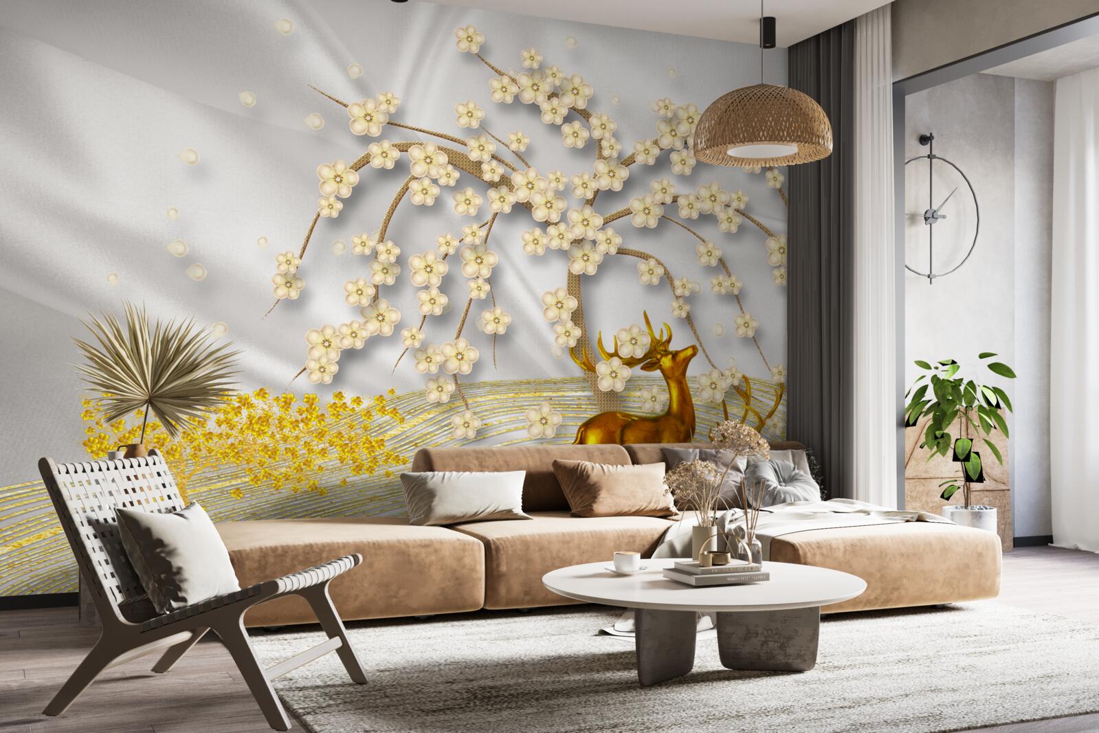 Fototapeta jeleń wykonany ze złota spaceruje pod gałęziami sakury