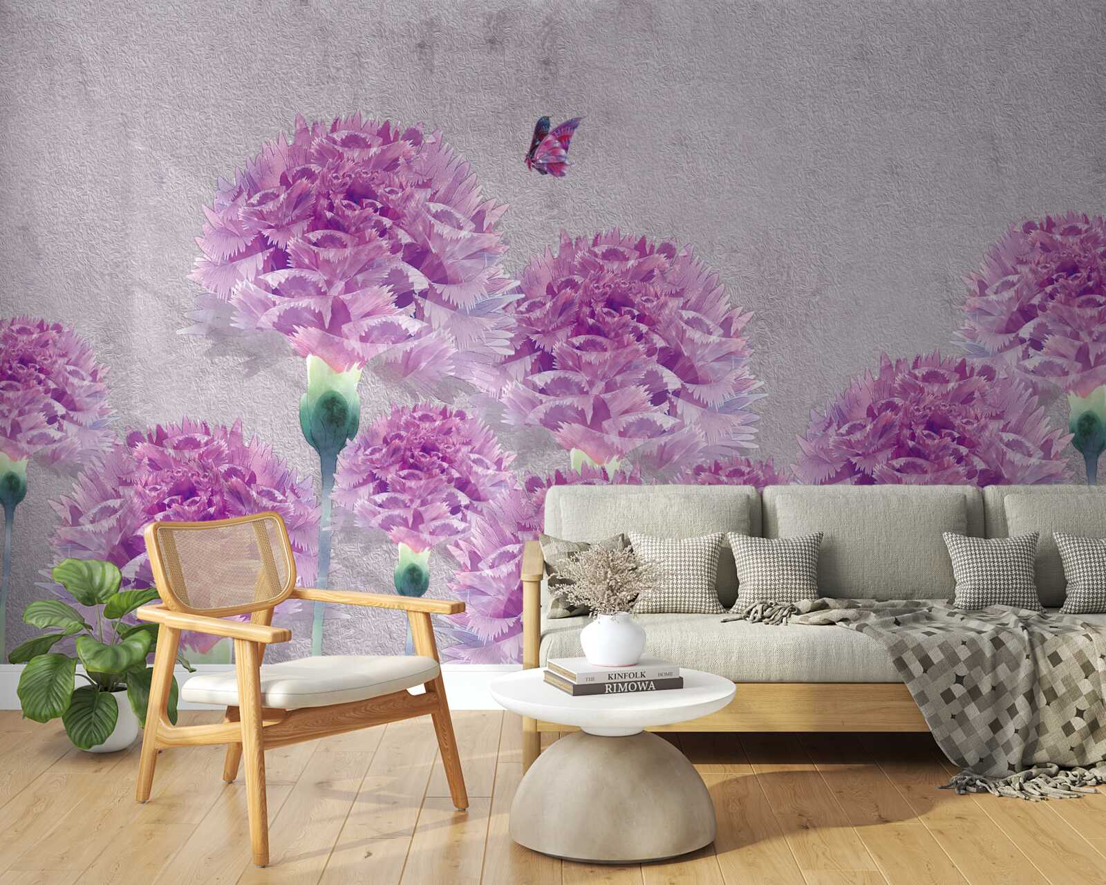 Fototapeta duże goździki w kolorze liliowym i motyl