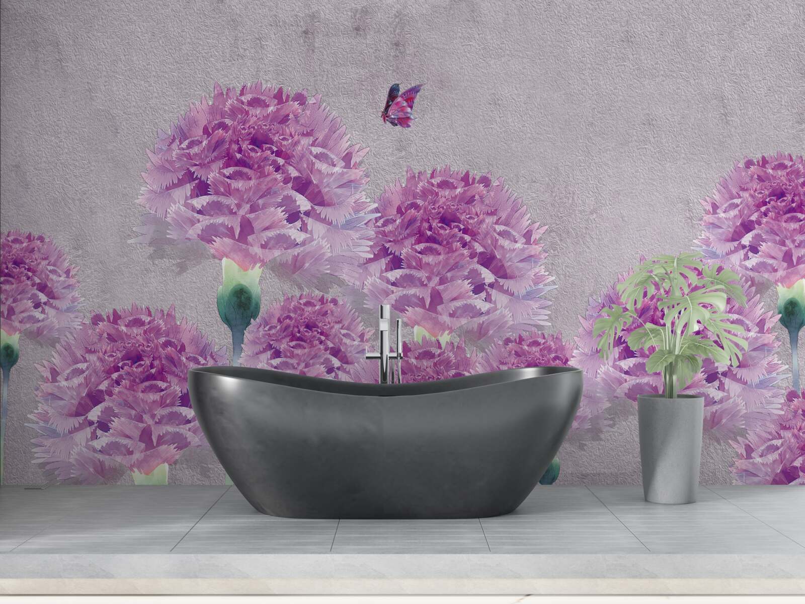 Fototapeta duże goździki w kolorze liliowym i motyl