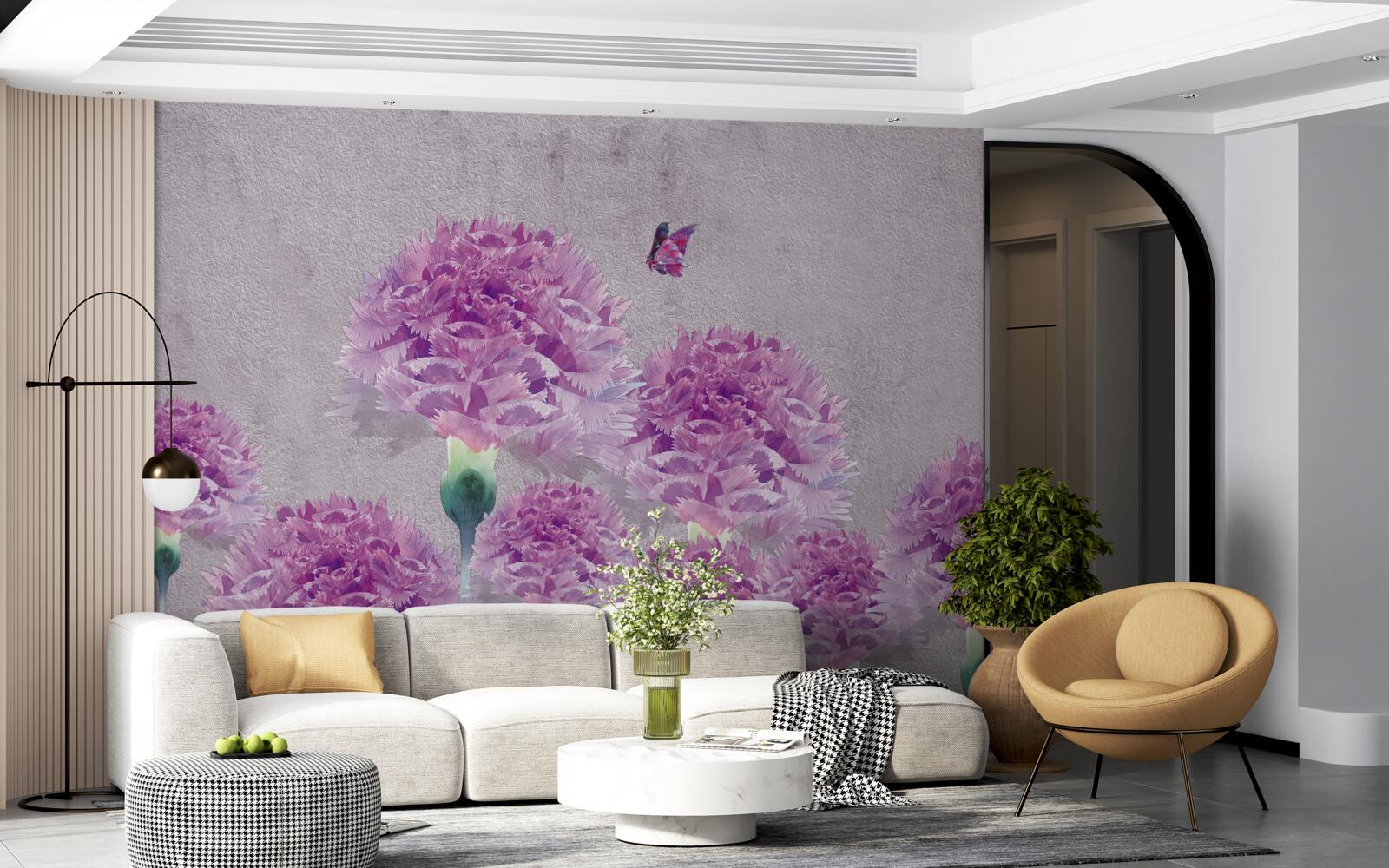 Fototapeta duże goździki w kolorze liliowym i motyl