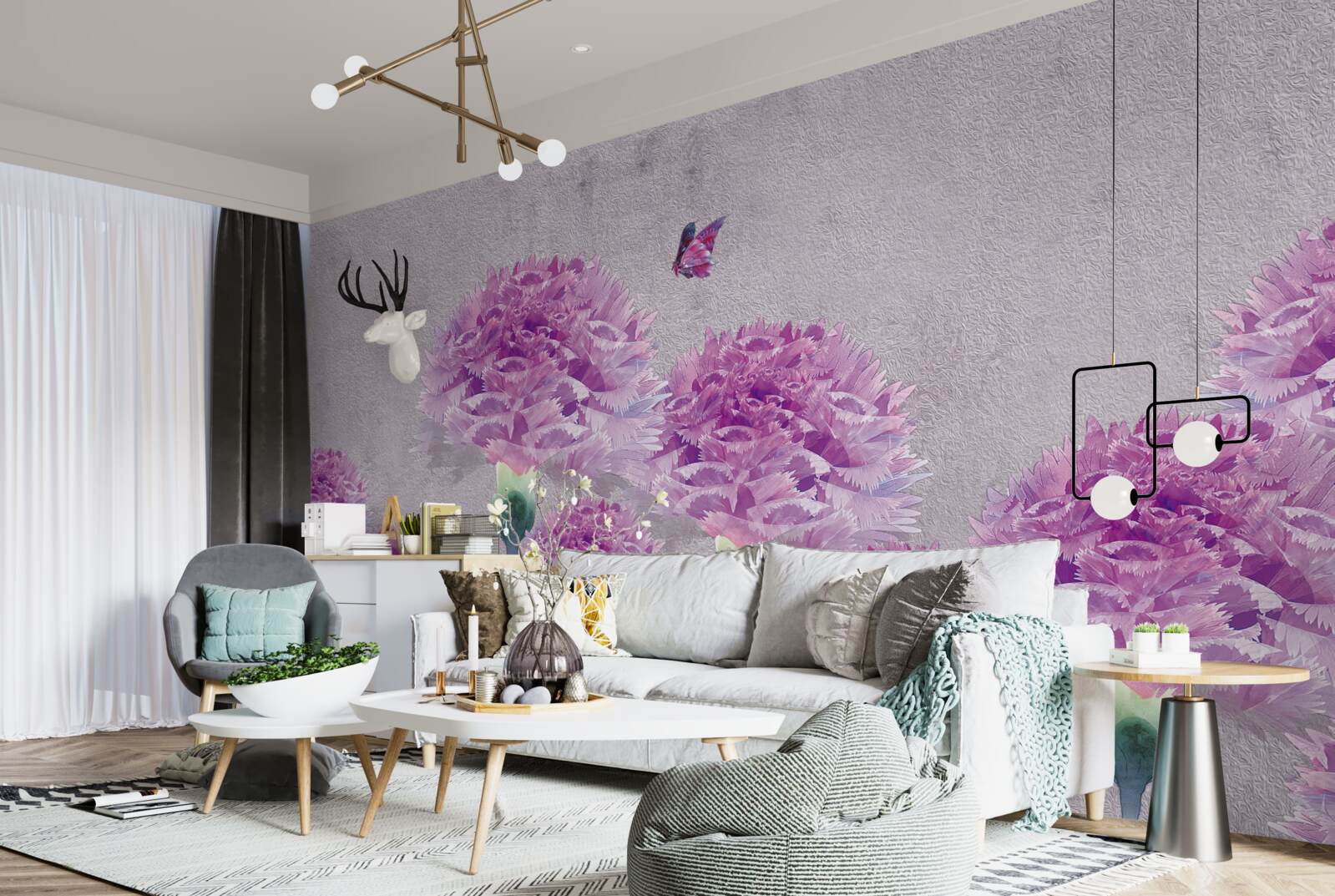 Fototapeta duże goździki w kolorze liliowym i motyl