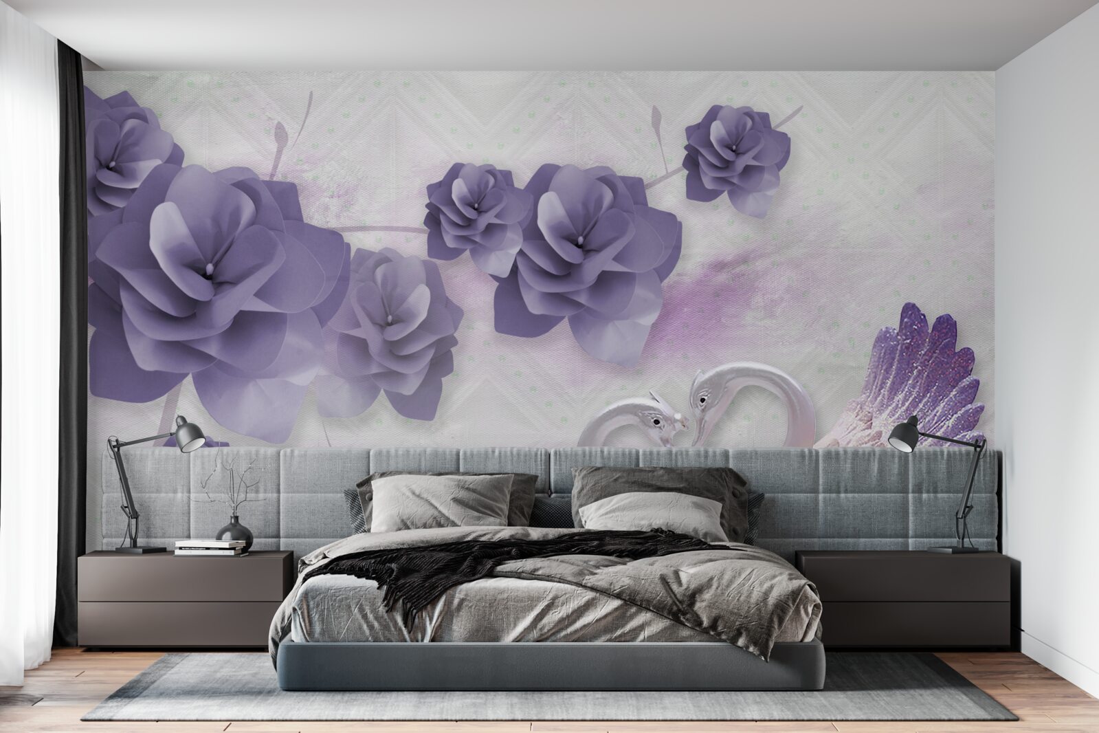 Fototapeta delikatne pąki i lekkie łabędzie na powierzchni wody