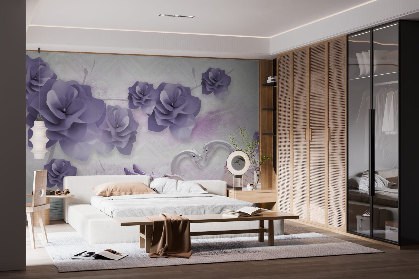 Fototapeta delikatne pąki i lekkie łabędzie na powierzchni wody