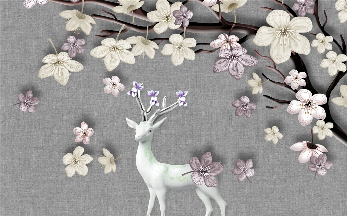 Fototapeta kwitnące gałęzie magnolii i biały jeleń