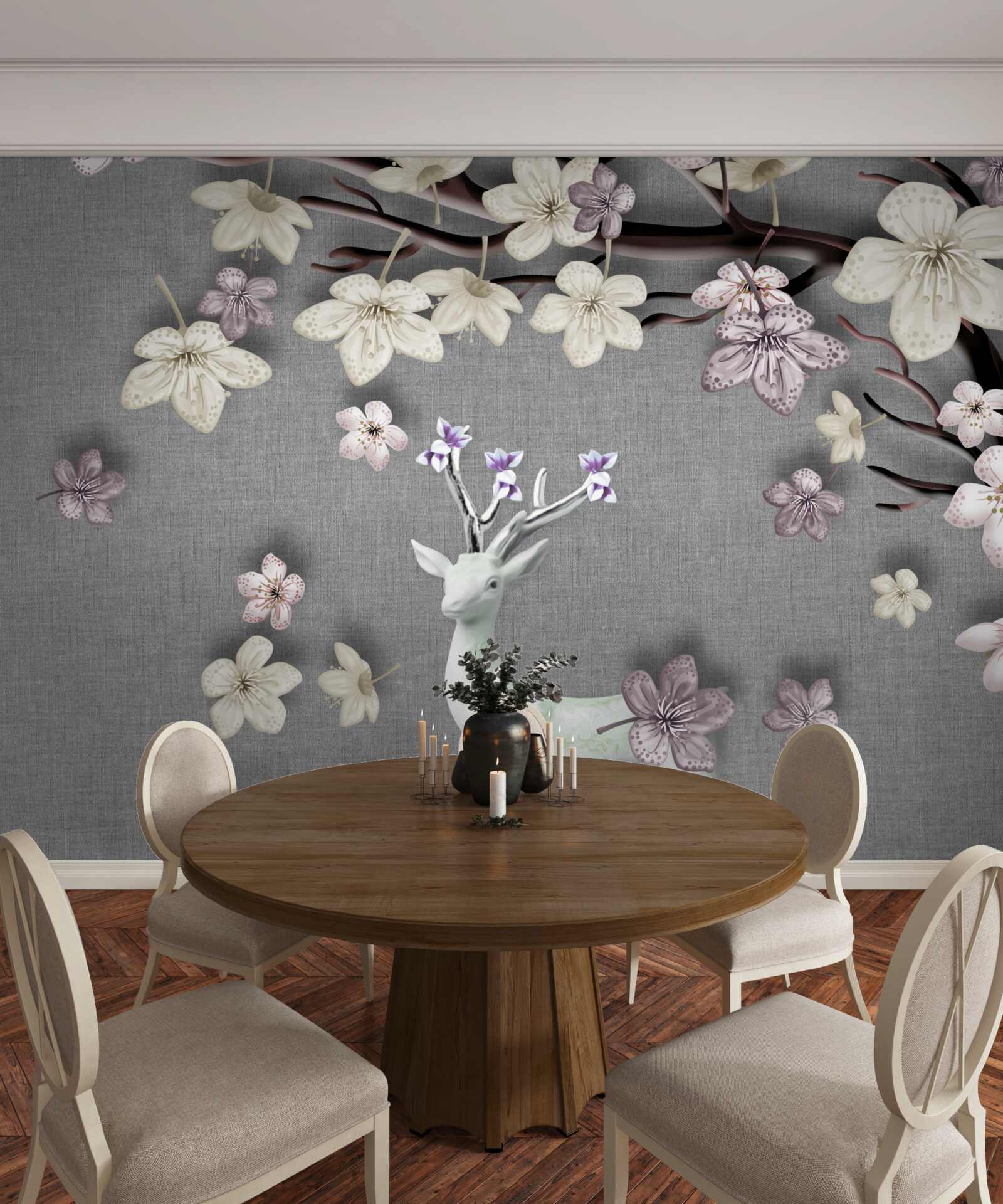 Fototapeta kwitnące gałęzie magnolii i biały jeleń