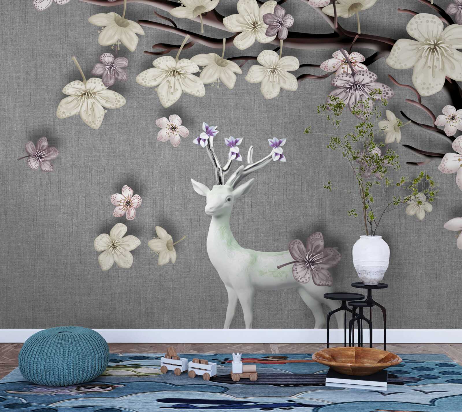 Fototapeta kwitnące gałęzie magnolii i biały jeleń