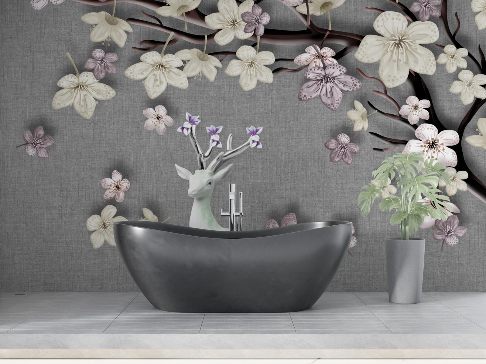 Fototapeta kwitnące gałęzie magnolii i biały jeleń