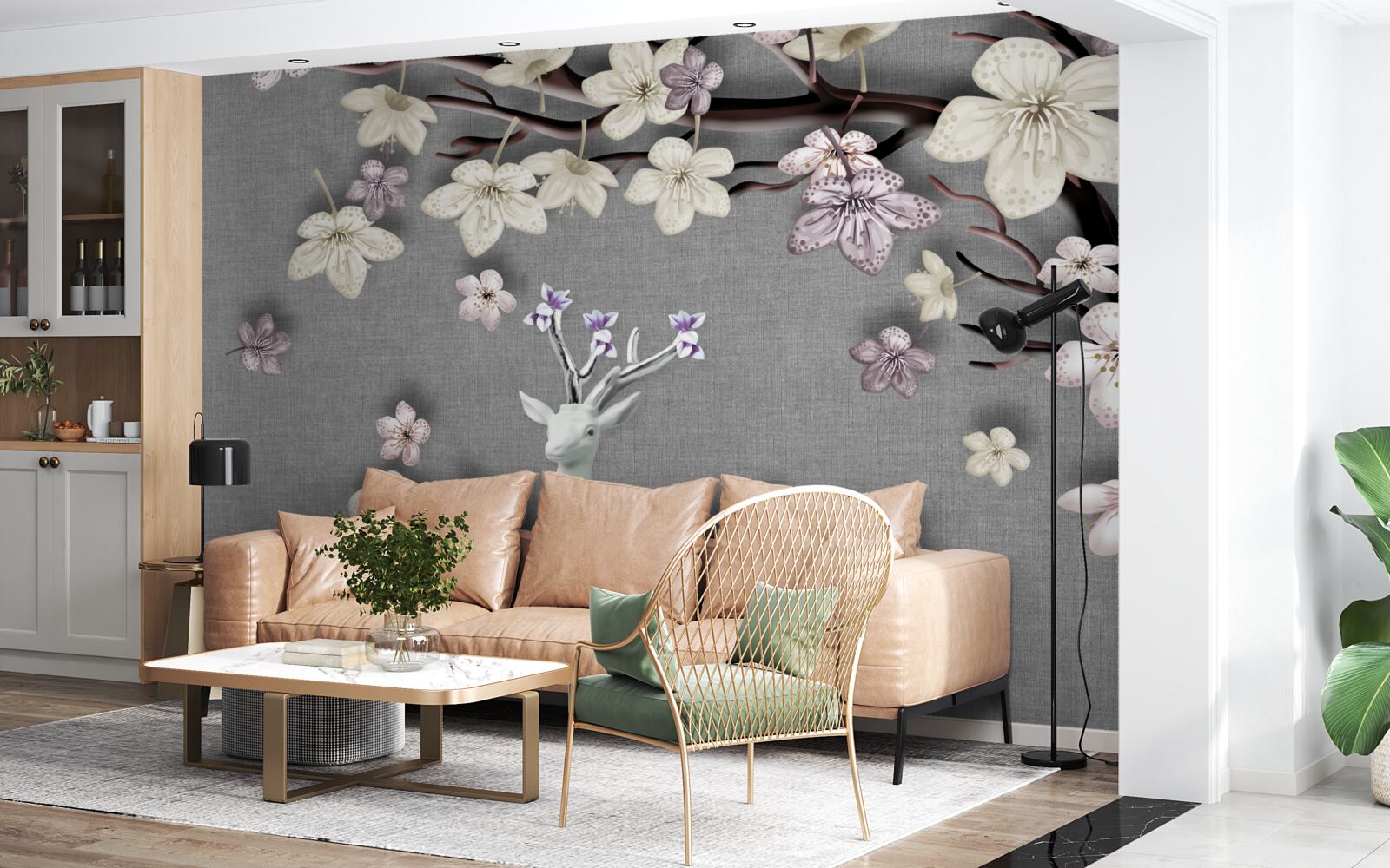 Fototapeta kwitnące gałęzie magnolii i biały jeleń