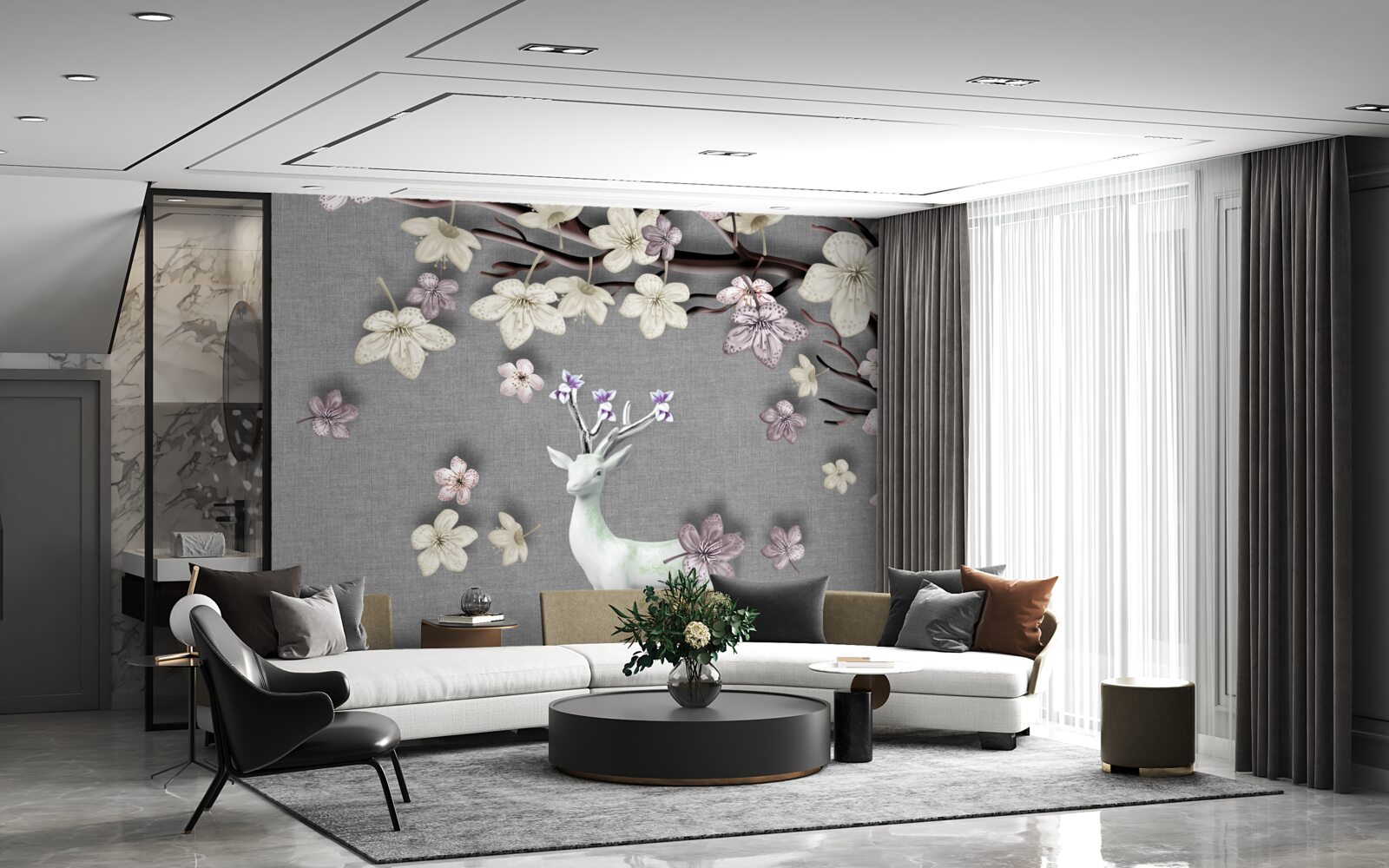 Fototapeta kwitnące gałęzie magnolii i biały jeleń