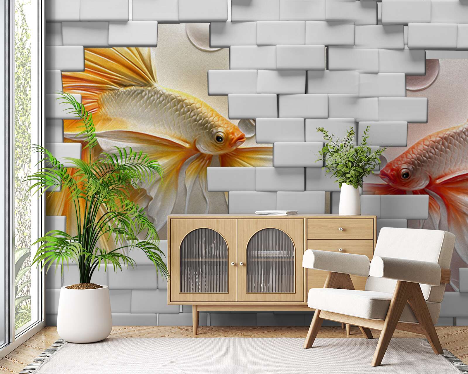 Fototapeta czerwone i pomarańczowe figurki niszczą cegłę