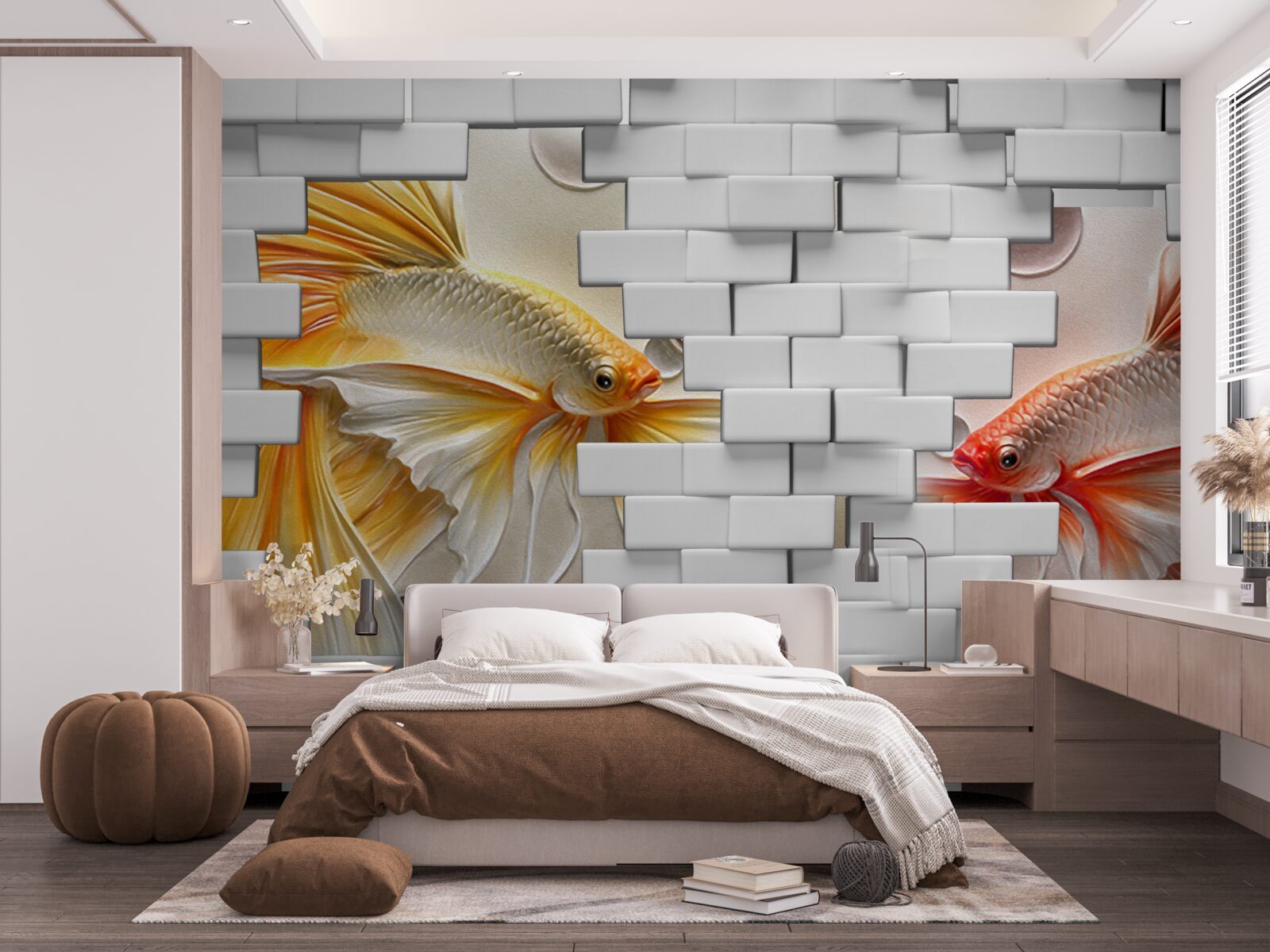 Fototapeta czerwone i pomarańczowe figurki niszczą cegłę