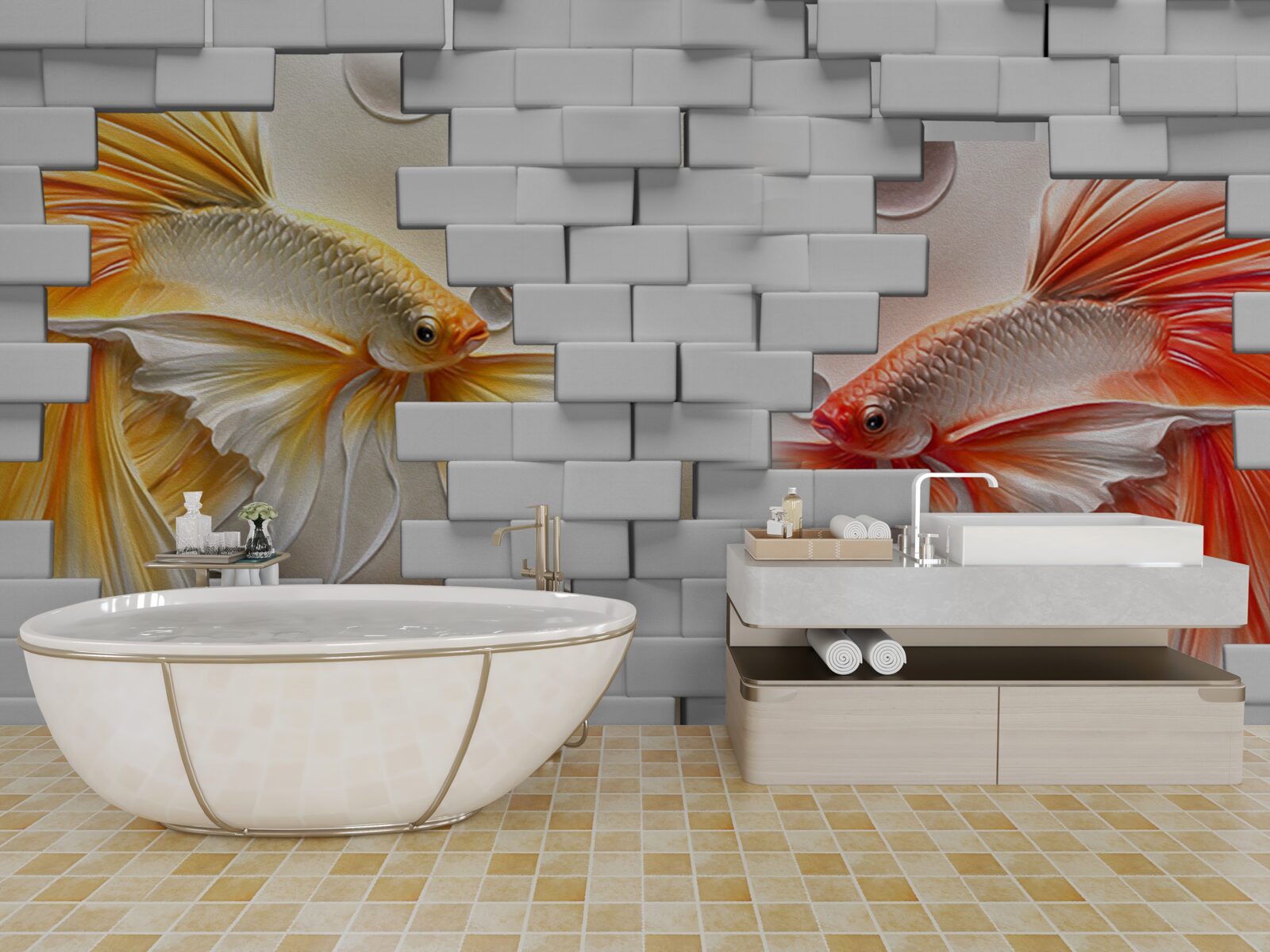 Fototapeta czerwone i pomarańczowe figurki niszczą cegłę