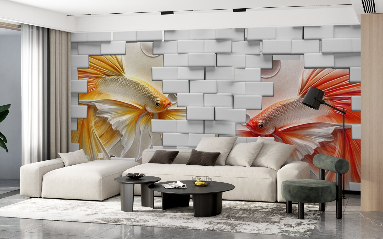 Fototapeta czerwone i pomarańczowe figurki niszczą cegłę