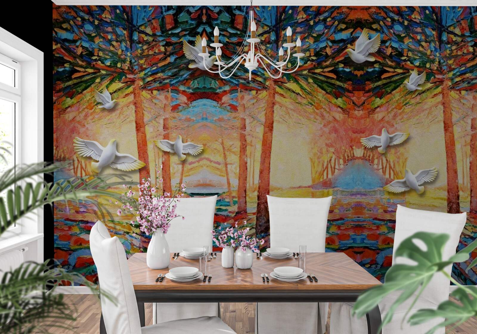 Fototapeta Śnieżnobiałe gołębie w pobliżu stawu podczas zachodu słońca