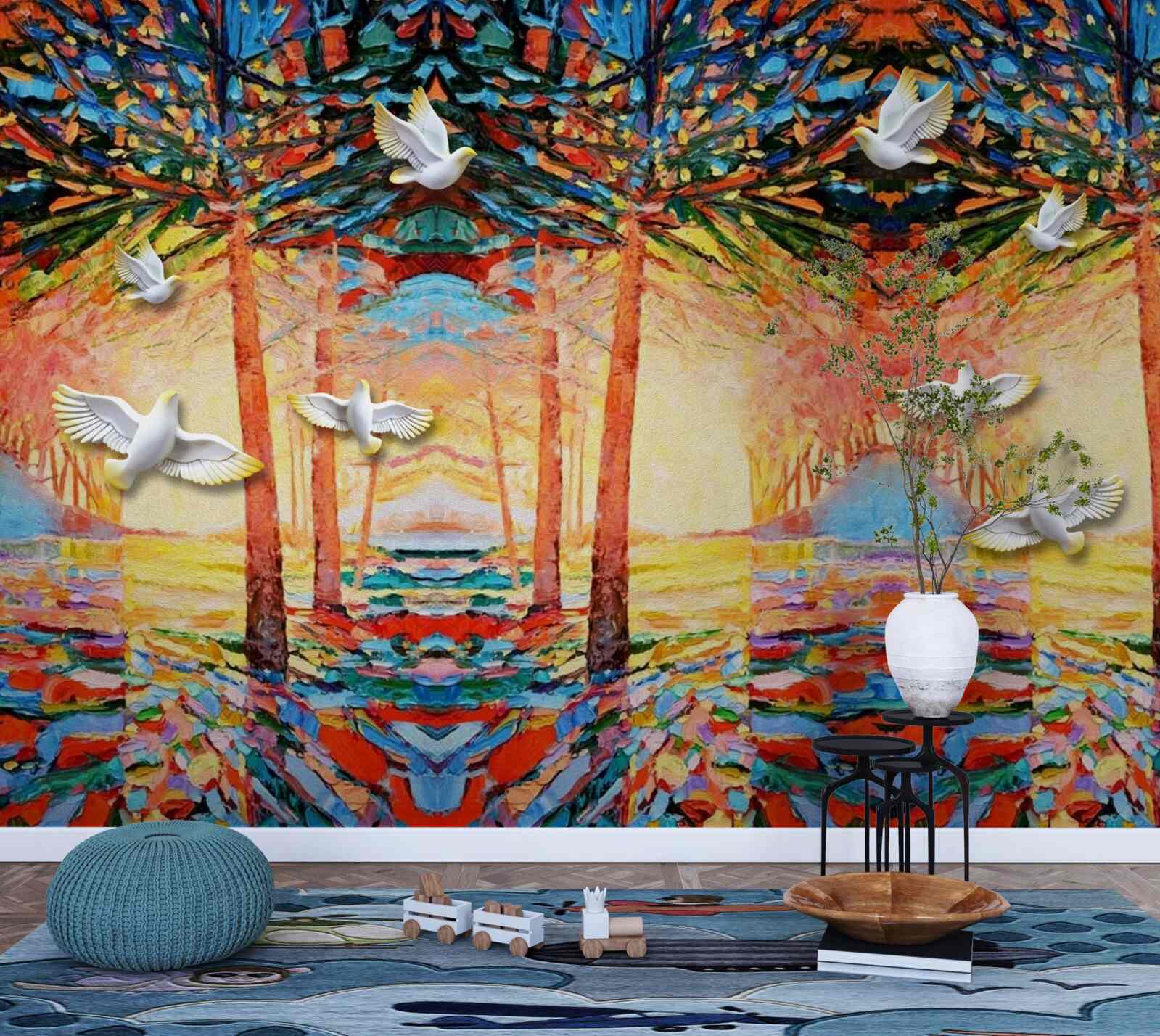 Fototapeta Śnieżnobiałe gołębie w pobliżu stawu podczas zachodu słońca