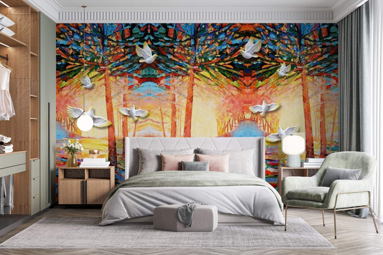 Fototapeta Śnieżnobiałe gołębie w pobliżu stawu podczas zachodu słońca