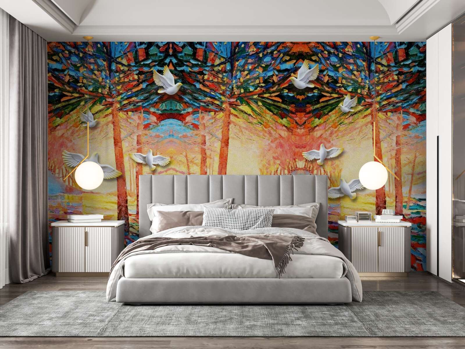 Fototapeta Śnieżnobiałe gołębie w pobliżu stawu podczas zachodu słońca