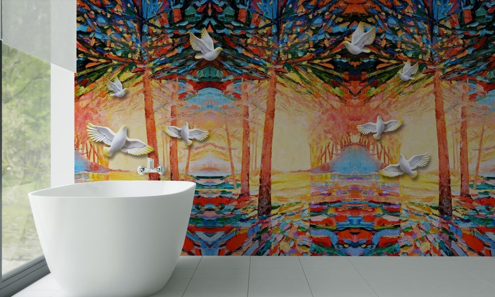 Fototapeta Śnieżnobiałe gołębie w pobliżu stawu podczas zachodu słońca