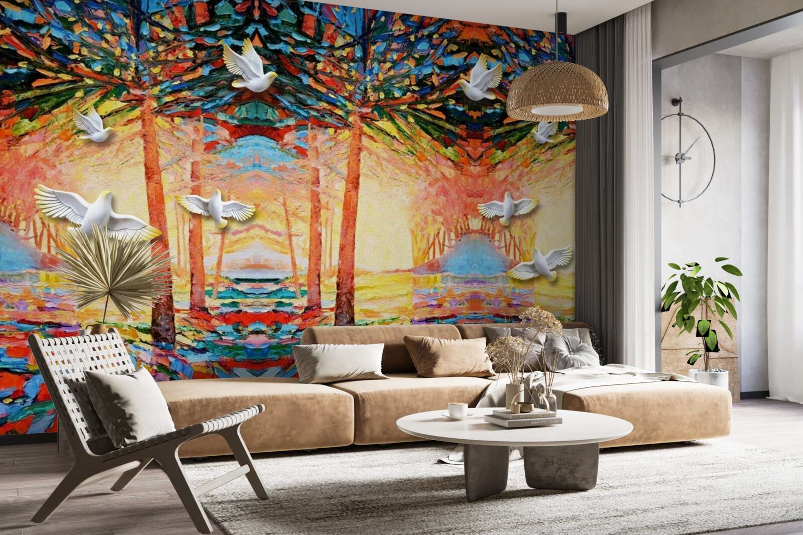 Fototapeta Śnieżnobiałe gołębie w pobliżu stawu podczas zachodu słońca