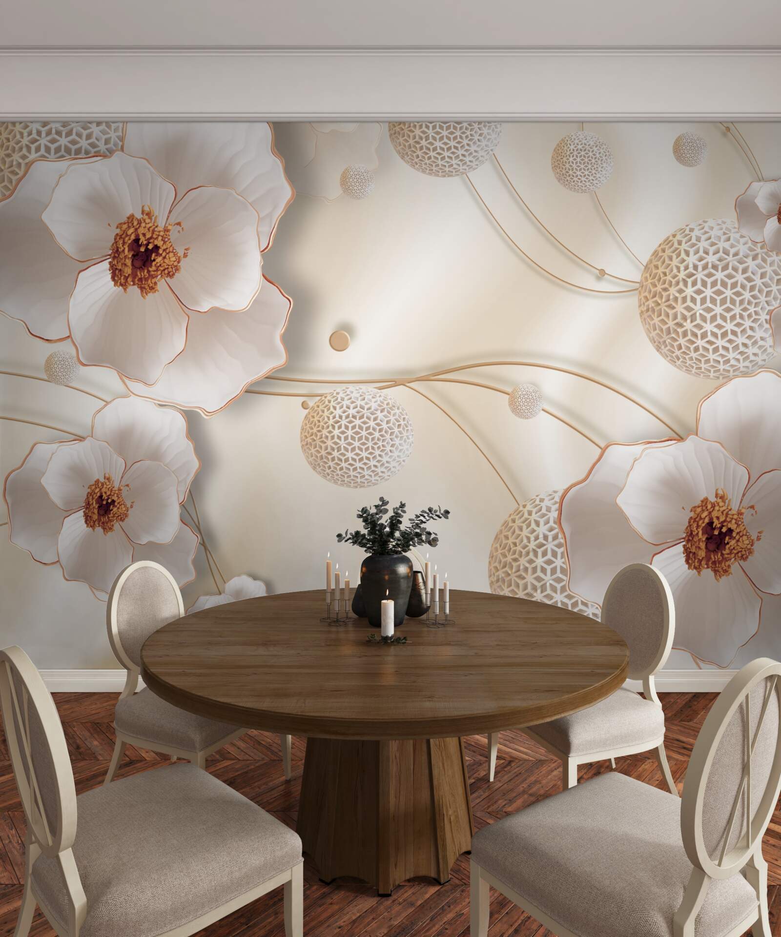 Fototapeta gałązki ozdobione złotymi, białymi kwiatami i błyszczącymi kryształkami