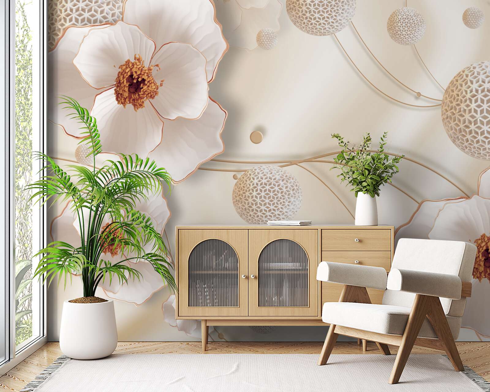 Fototapeta gałązki ozdobione złotymi, białymi kwiatami i błyszczącymi kryształkami