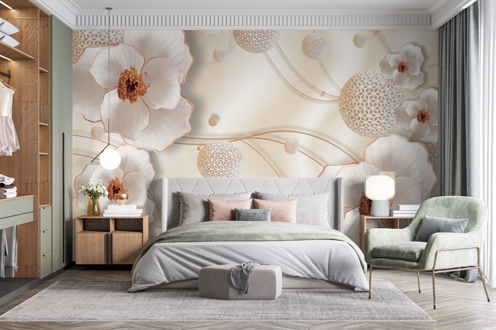 Fototapeta gałązki ozdobione złotymi, białymi kwiatami i błyszczącymi kryształkami