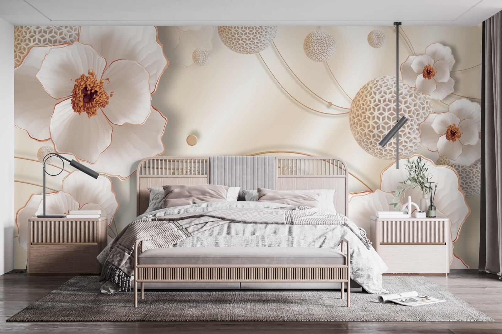 Fototapeta gałązki ozdobione złotymi, białymi kwiatami i błyszczącymi kryształkami