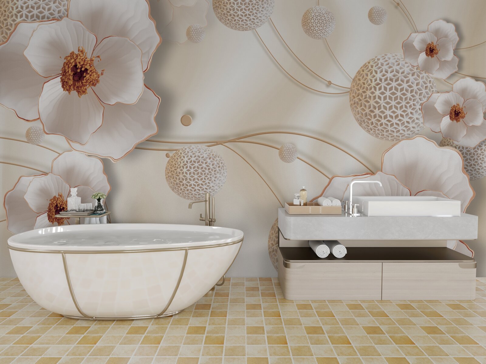 Fototapeta gałązki ozdobione złotymi, białymi kwiatami i błyszczącymi kryształkami